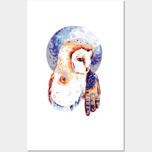 Snowy Owl with Cool Silver Blue Moon Posters and Art